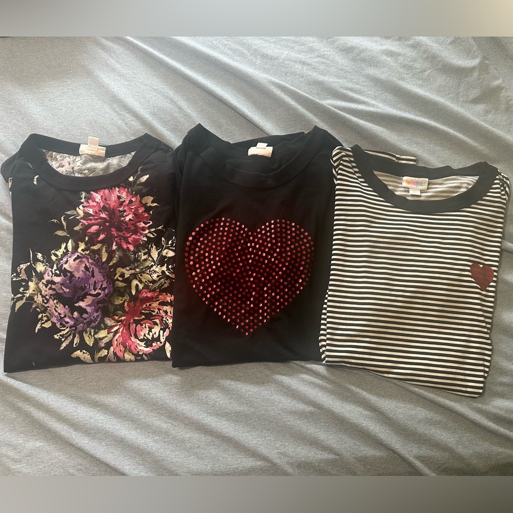 Set of 3 LuLaRoe Women’s Short Sleeve Tees - Floral, Heart, and Striped